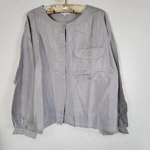 Vintage Royal Silk Womens Button-Up Blouse Top Plus Size 22 Gray Long Sleeve